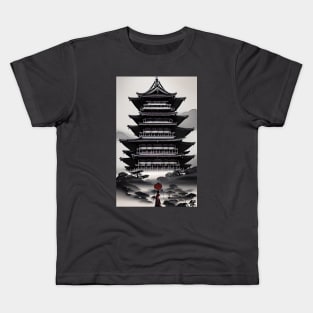 Japanese temple with monk,sumi-e ink painting Kids T-Shirt